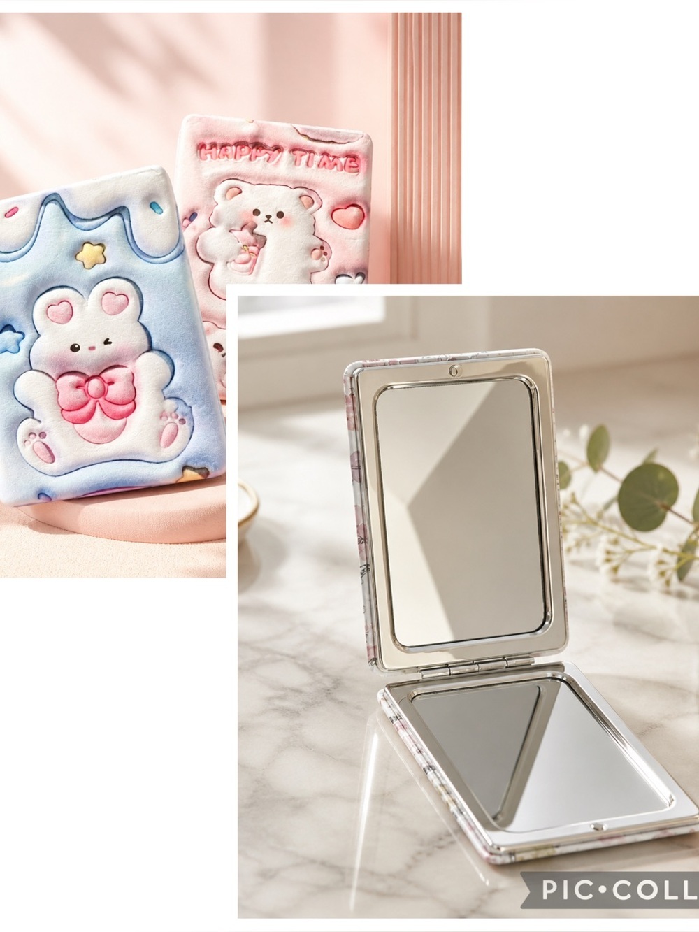 NWOT Set of 2 Pocket Mirrors Pink Puffy 3D Cat & Blue Puffy 3D Bunny